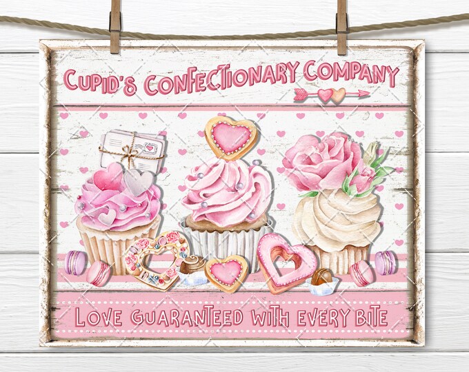 Cupids Confectionary, Valentine Cupcakes, Candy, Pink Valentine, Digital Print, DIY Sign, Fabric Transfer, Wreath Accent, Home Decor, PNG