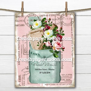 Shabby Floral Mailbox, French Ephemera Letters,  Roses, French Mail Digital, Carte Postale, French Pillow Image, Digital Transfer