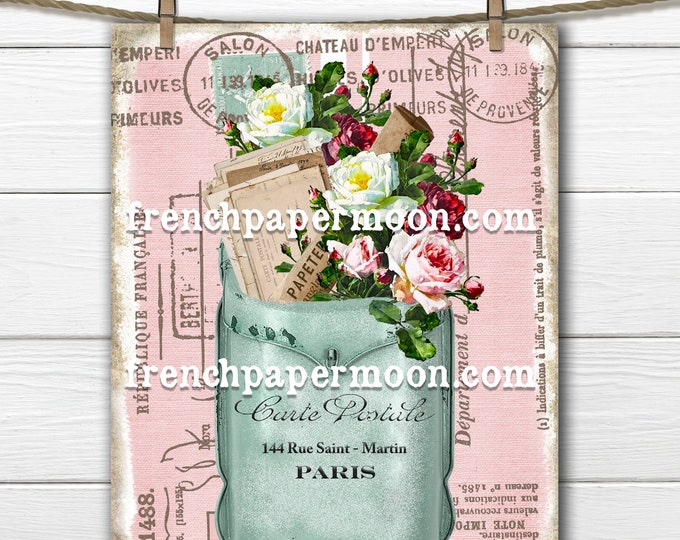 Shabby Floral Mailbox, French Ephemera Letters,  Roses, French Mail Digital, Carte Postale, French Pillow Image, Digital Transfer