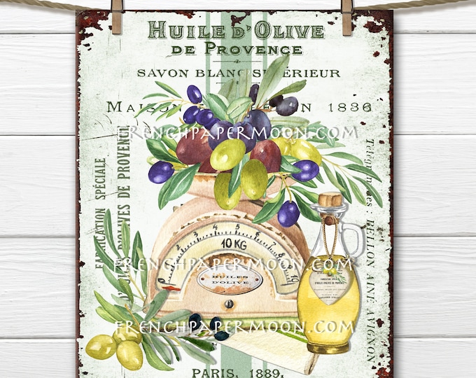 Rustic French Olives, Olive Oil, French Olive Oil Ephemera, Olives on Scale, DIY Kitchen Sign, Kitchen Decor, Pillow Image, Tiered Tray Sign