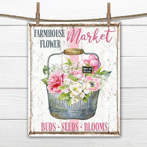 Farmhouse Flower Market, Rustic Pail, DIY Flower Sign, Roses, Anemones, Apple Blossom, Fabric Transfer, Tiered Tray Decor, Wreath Accent PNG