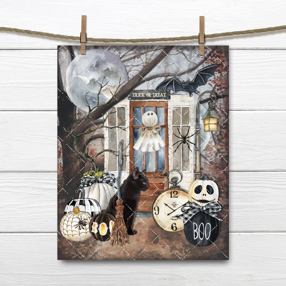 Spooky Halloween Black Cat Front Door Digital Art Print, Halloween Night, Trick or Treat, DIY  Sign, Fabric Transfer, Wreath Accent, PNG