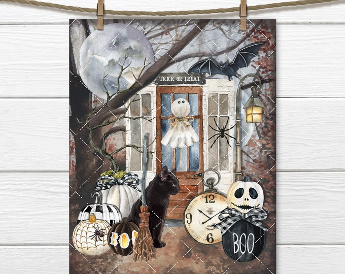 Spooky Halloween Black Cat Front Door Digital Art Print, Halloween Night, Trick or Treat, DIY  Sign, Fabric Transfer, Wreath Accent, PNG