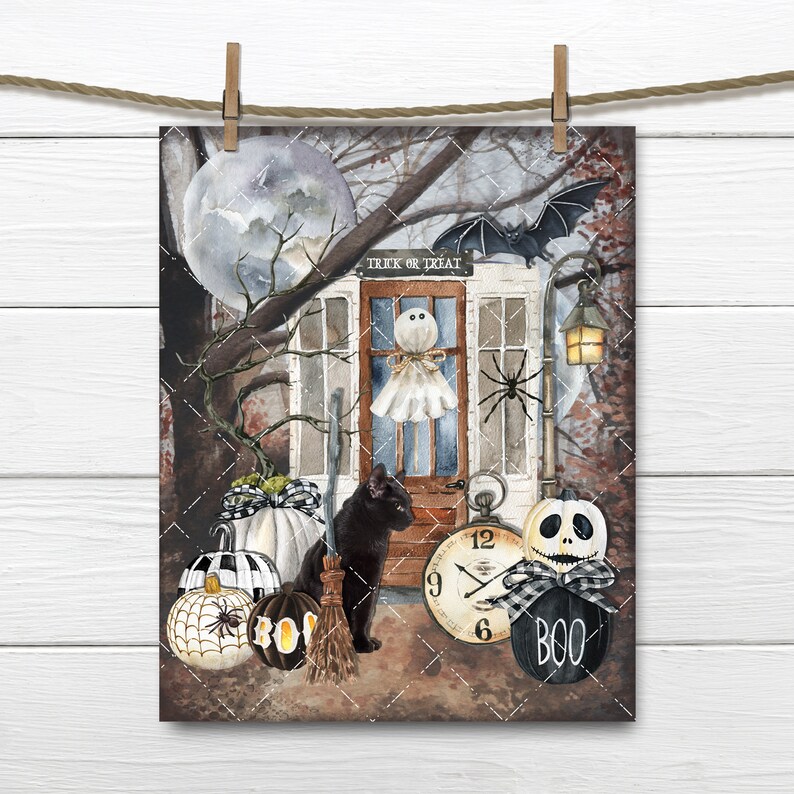 May include: A watercolor painting of a Halloween scene with a black cat, pumpkins, a ghost, a clock, and a sign that says "Trick or Treat".