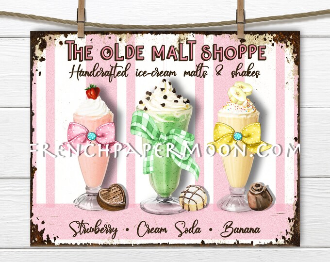 Retro Ice-cream, Ice Cream Parlor, Digital, Milk Shake Sign, Fabric Transfer, DIY Sign, Tiered Tray Decor, Wreath Decor, Decoupage, PNG