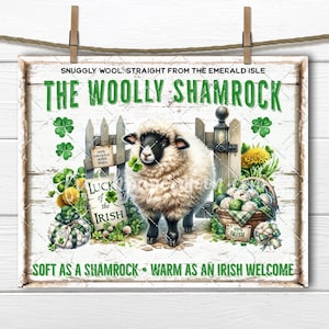 以下が含まれることがあります： 緑のクローバーと黒い蹄と黒い顔をしたふわふわの白い羊が描かれた白い看板。看板には「Snuggly Wool Straight From The Emerald Isle The Woolly Shamrock Luck of the Irish Soft As A Shamrock Warm As An Irish Welcome」と書かれています。