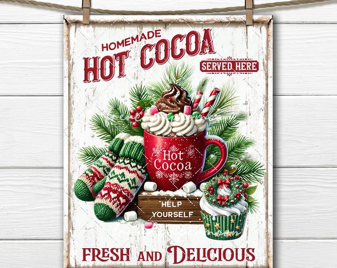 Hot Cocoa Digital Print Christmas Tiered Tray Decor  Fabric Transfer Sublimation PNG Knitted Mittens Festive Cupcake DTF Decoupage Printable