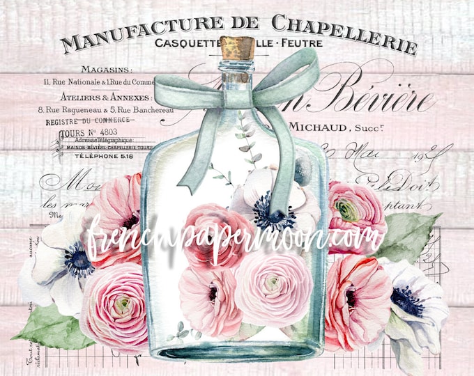 Shabby Pink French Floral Graphic, Digital Image, Anenomes, Ranunculas, Wood Background, French Ephemera, Glass Bottle printable