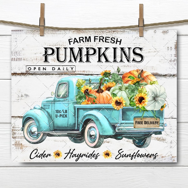 Farmhouse Pumpkin Truck, Harvest Truck, Sunflowers, Pickup Truck, Home Decor Sign, Wreath Accent, Digital, Fabric Transfer, Autumn Decor PNG