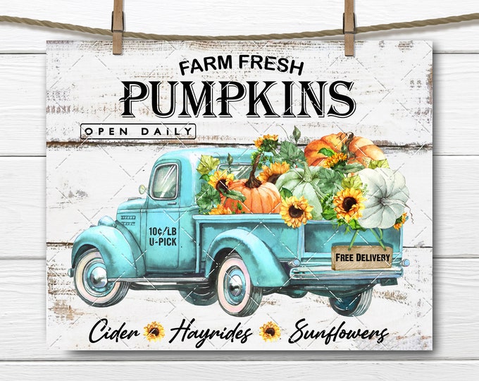 Farmhouse Pumpkin Truck, Harvest Truck, Sunflowers, Pickup Truck, Home Decor Sign, Wreath Accent, Digital, Fabric Transfer, Autumn Decor PNG