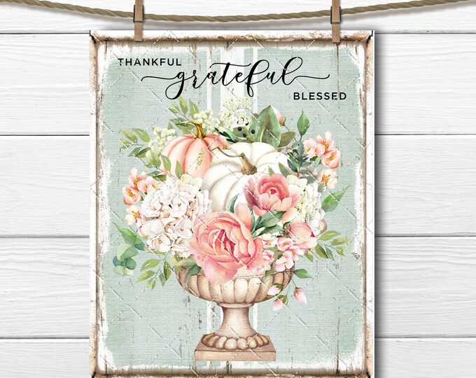 Thanksgiving Shabby Farmhouse Floral Pumpkin Peonies Bouquet, Thanksgiving Digital Print, Art Print, Fabric Transfer, Wreath Accent, Decor