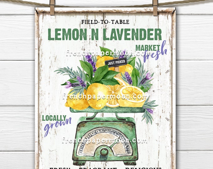 Farmhouse Scale, Summer Lemons, Lavender, DIY Lemon Market Sign, Farm Fresh Lemons, Pillow Image, Fabric Transfer, Kitchen Decor, PNG, Wood