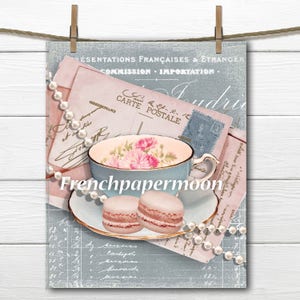 Vintage French Digital Teatime, Shabby Tea, Pearls, Carte Postale, Printable Tea Graphic, french Pillow Transfer, Large Size Graphic Print