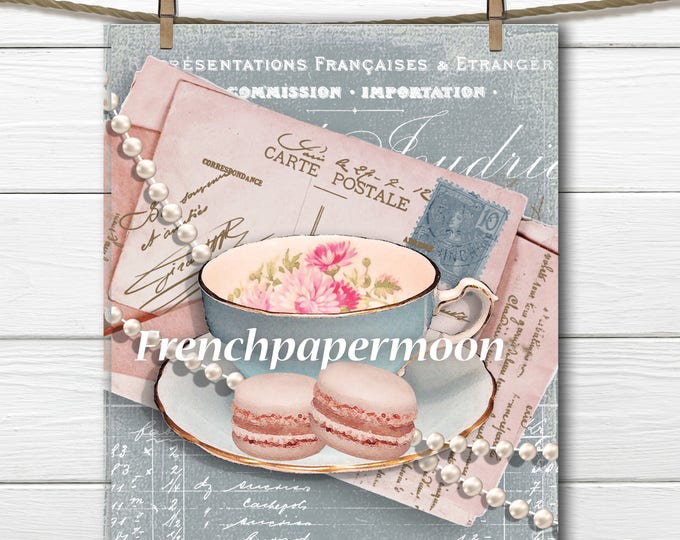 Vintage French Digital Teatime, Shabby Tea, Pearls, Carte Postale, Printable Tea Graphic, french Pillow Transfer, Large Size Graphic Print