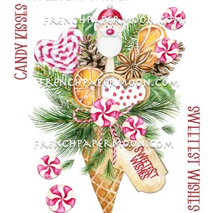 May include: A watercolor illustration of a Christmas bouquet with a Santa Claus figurine, pine branches, candy canes, and a tag that says "Sweetest Wishes". The bouquet is surrounded by candy kisses and the text "Candy Kisses" and "Sweetest Wishes" appears on the left and right sides of the image.
