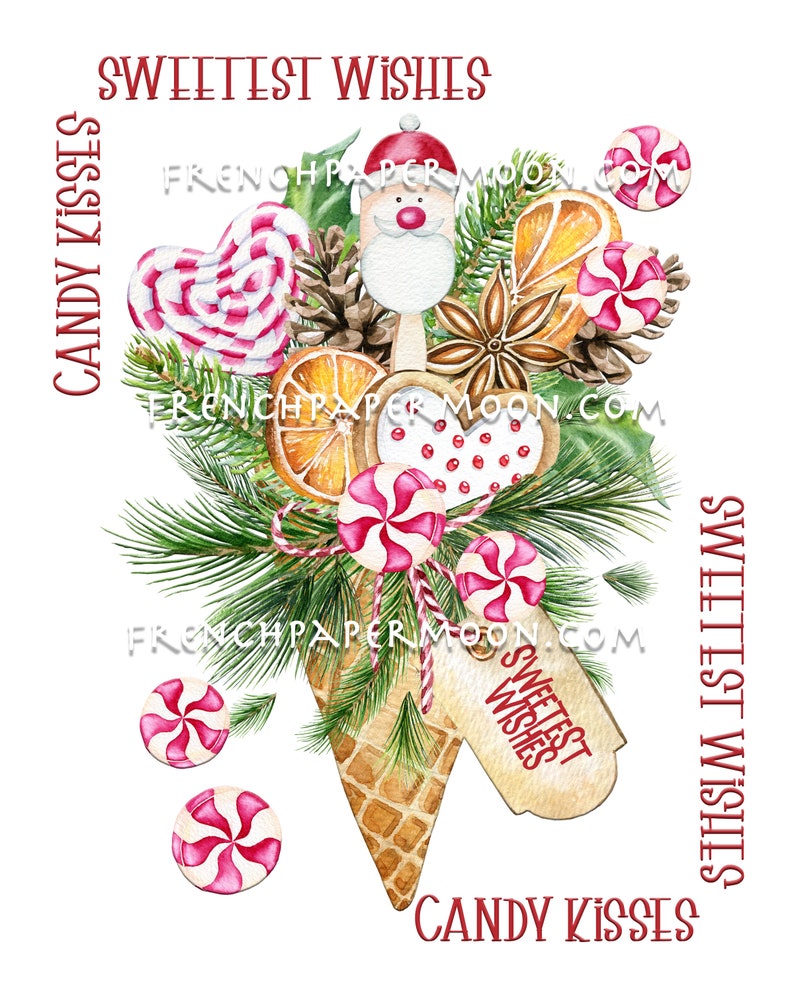 May include: A watercolor illustration of a Christmas bouquet with a Santa Claus figurine, pine branches, candy canes, and a tag that says "Sweetest Wishes". The bouquet is surrounded by candy kisses and the text "Candy Kisses" and "Sweetest Wishes" appears on the left and right sides of the image.