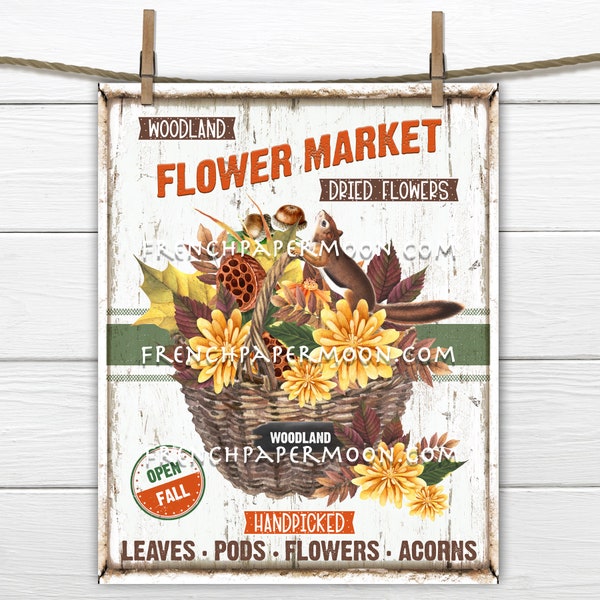 Rustic Woodland Forest, Digital, Autumn, Flower Market, Dried Flowers, DIY Sign, Image Transfer, Sublimation, Fabric Transfer, Wreath Accent