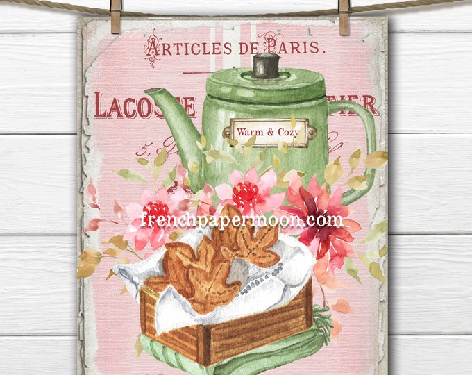 Pink Fall Tea Digital, Teatime, French, Autumn Tea, Teapot, Dahlias, Fall Pillow Image, Transparent, Fabric Transfer, Tiered Tray Sign