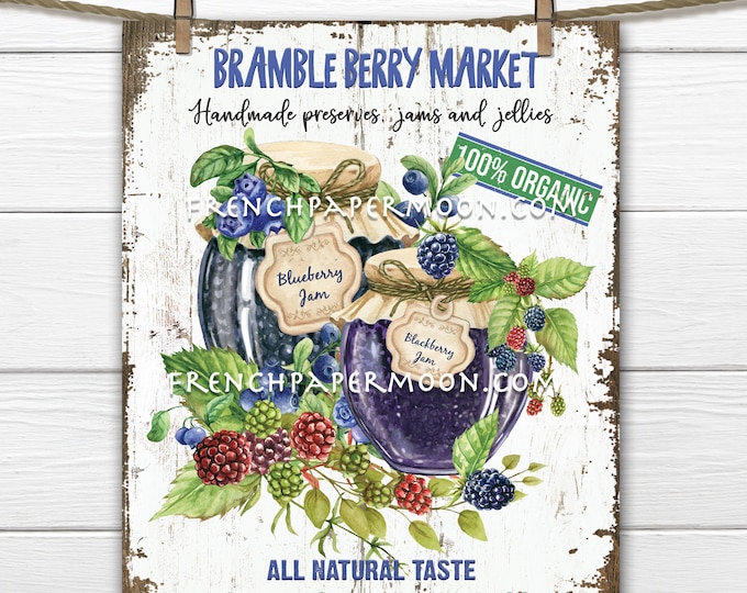 Farmhouse Berry Market Digital Print Fruit Jam Jar Preserves Farmers Market  Kitchen Print  DIY Sign Making Wreath Accent Fabric Transfer