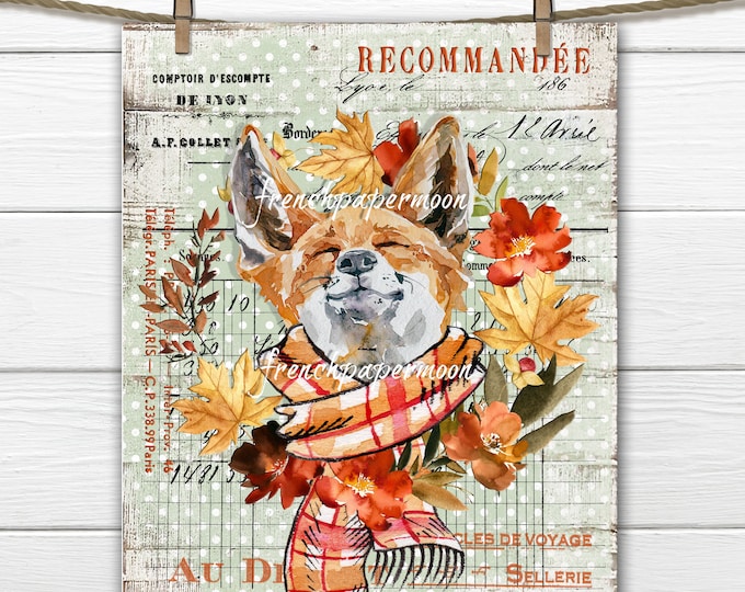 Fall Fox Digital, Woodland Animal, Autumn Wreath, Fox with Scarf, French Pillow Image, Wreath Sign, Tiered Tray Print, Transparent