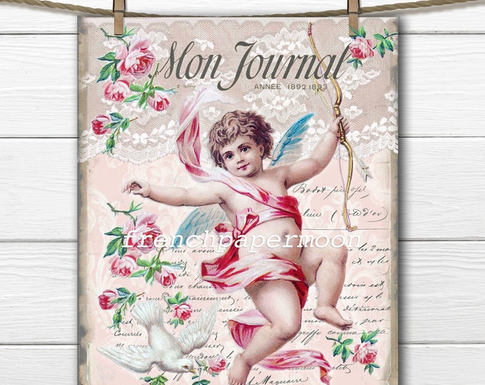 Digital Victorian Cherub Roses, Cupid and Arrow, French Valentine Printable, Pink, Iron On, Graphic Transfer, Craft Supply, Large Image