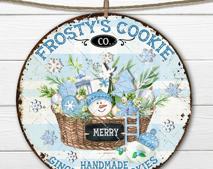 Christmas Circle Sublimation, Frosty Cafe, Cookie Company, Cookie Basket, Snowflake Cookies, Round Xmas Door Hanger 8x8, Home Decor, PNG