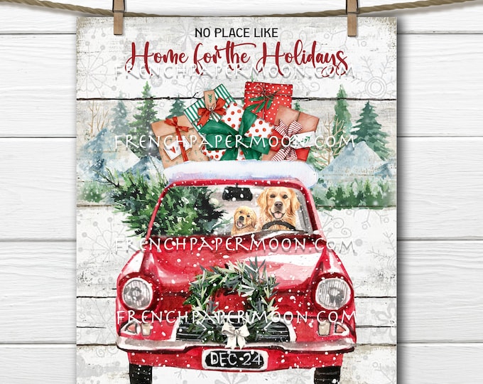 Retro Christmas Car, Digital, Golden Retriever Xmas, Home for the Holidays, Christmas Dogs, DIY Xmas Decor Sign, Wreath Accent, PNG