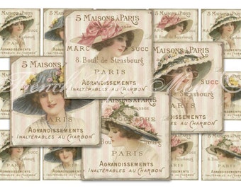 Shabby French Digital 2x2 inch square, printable ladies, French squares, digital collage sheet, french ephemera, gift tag, vintage tag