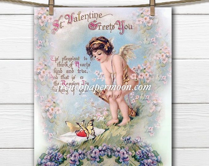 Adorable Digital Valentine Cupid, Victorian Valentine, Vintage Valentine Image, Graphic Transfer, Pillow Image, Craft Supply