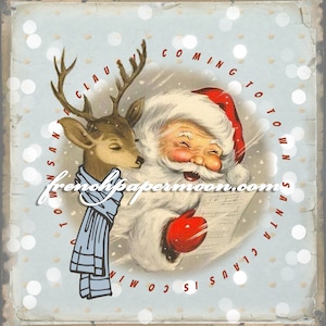 デジタル ヴィンテージ サンタ、トナカイ、クリスマス ワード アート、DIY クリスマス プリンタブル、大きな画像、クリスマス ピロー