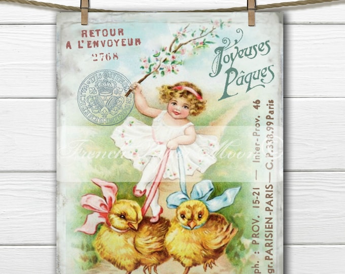 Vintage Digital Girl with Easter Chicks, Vintage French Easter Graphic, French Easter Transfer Transfer, Pillow Image, Large Size, Download