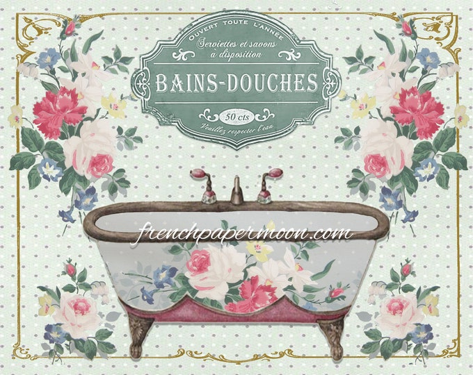 French Bathtub Printable, Victorian Bath Graphic, Shabby Digital Vintage Bathroom, Salle de Bains, Large Image Download