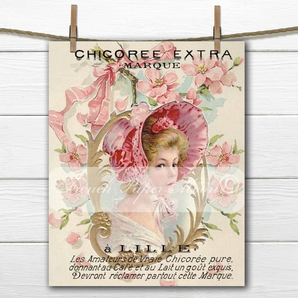 Shabby Digital Victorian Lady, Pink Ribbons and Roses, French Graphics, French Pillow Graphic Transfer Image