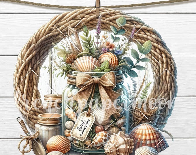 Summer Seashells Mason Jar PNG Sublimation, Beach Round Sign, Farmhouse Summertime Decor, Wreath Accent Door Hanger, Wall Circle Art Digital