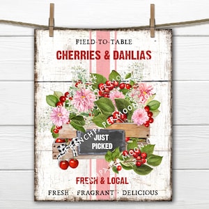 Farmhouse Fruit, Digital, Cherries, Dahlias, Wreath Accent Decor Sign, Tiered Tray Fruit Sign, Kitchen Fruit Wall Art, Image Transfer, PNG