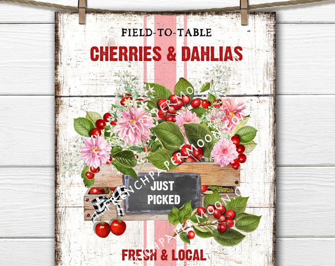 Farmhouse Fruit, Digital, Cherries, Dahlias, Wreath Accent Decor Sign, Tiered Tray Fruit Sign, Kitchen Fruit Wall Art, Image Transfer, PNG