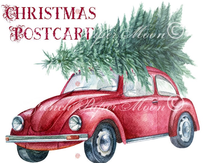 Printable Christmas Red Retro Car With Tree Christmas home decor Christmas Red Retro Car Christmas party decor Snowflakes print