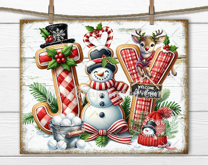 Christmas JOY Snowman Cookie Print, Reindeer, Plaid, Cute Xmas Pillow image, Candy Cane, Fabric Transfer, Crafts, PNG, Digital, Tiered Tray