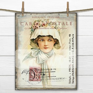 Signora digitale vittoriana shabby con grafica da cartolina francese, cartolina digitale, grafica di trasferimento del cuscino vittoriano shabby stampabile