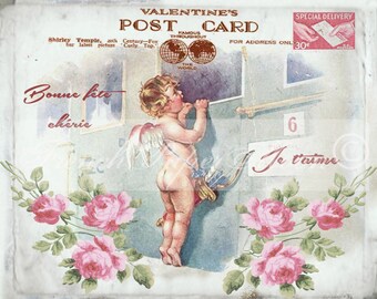 Valentine Cherub, Victorian Angel, French Valentine Pillow Graphic, Digital Download, Digital Valentine Printable, Love Postcard