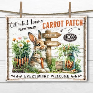 May include: A white wooden sign with the text "Cottontail Farms Farm Fresh Carrot Patch" and a cartoon bunny holding a carrot. The sign also has a signpost with the text "Straight Ahead" and a sign that says "100% Organic". The sign is surrounded by green grass and flowers.
