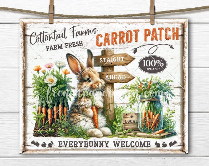 Easter Bunny Carrot Patch Rustic Shabby DIY Sign Making, Fabric Transfer, Tiered Tray Home Decor, Print Digital Download, Wreath Accent, PNG