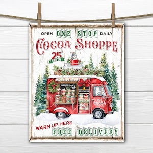 Farmhouse Hot Cocoa Delivery Old Fashioned Red Truck DIY Sign Making Fabric Transfer Tiered Tray Home Home Decor Digital Print Decoupage PNG