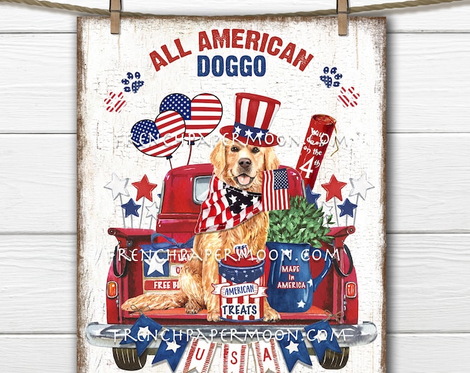 4th of July, Red Truck, Patriotic Dog, Patriotic DIY Sign, Independence, Americana, Fabric Transfer, Image Transfer, Home Decor, PNG, Wood