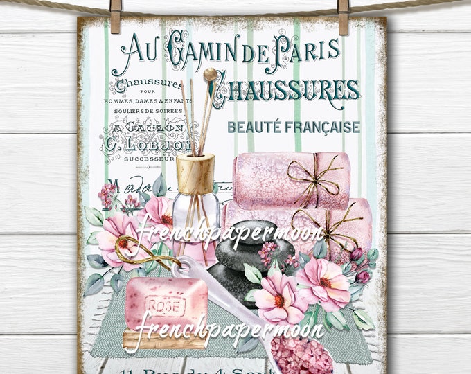 French Bathroom Digital, Beauty, Spa, Pink, Soap, Aromatherapy, Roses, Massage Stones, Bath Salts, Bathroom Print, Mauve, Teal, Transparent