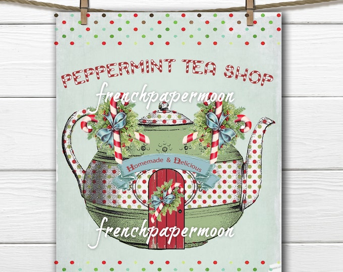 Adorable Digital  Christmas Tea shop, Teapot, Candy Canes, Polka Dots, PNG, JPEG, Christmas Decor, Crafts