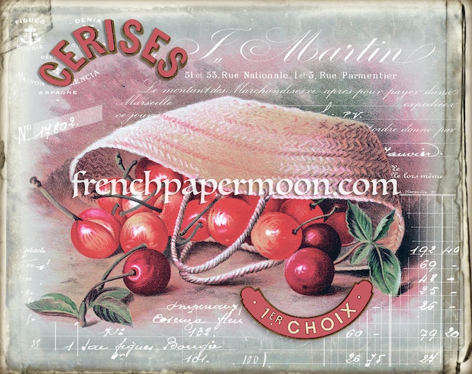 Shabby French Cherry Graphic, Basket of Cherries, Pillow Image, Iron on Fabric, Decoupage, Antique Cherry Printable, Crafts, Transfer