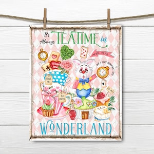 Wonderland Tea Party, DIY Teatime Sign, Digital Print, Teacups, Cupcake, White Rabbit, Fabric Transfer, Sublimation, PNG, Party Printable