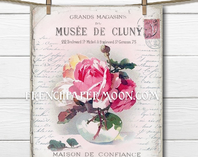 Shabby Victorian Rose Printable French Graphics Vase Roses Pink Instant Digital Download Fabric Transfer Image