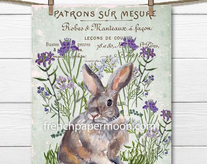 French Bunny Rabbit, Easter Bunny Printable, Vintage Wildflowers, Spring Bunny, Large Size Graphic Transfer, Pillow Image, Digital